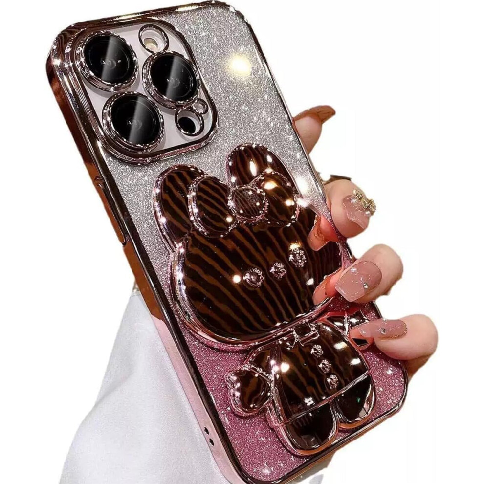 Case For Iphone 16 Cute Glitter Cover With Mirror Stand Rabbit Kickstand ShockâResistant Slim Design Pink 9330225313779