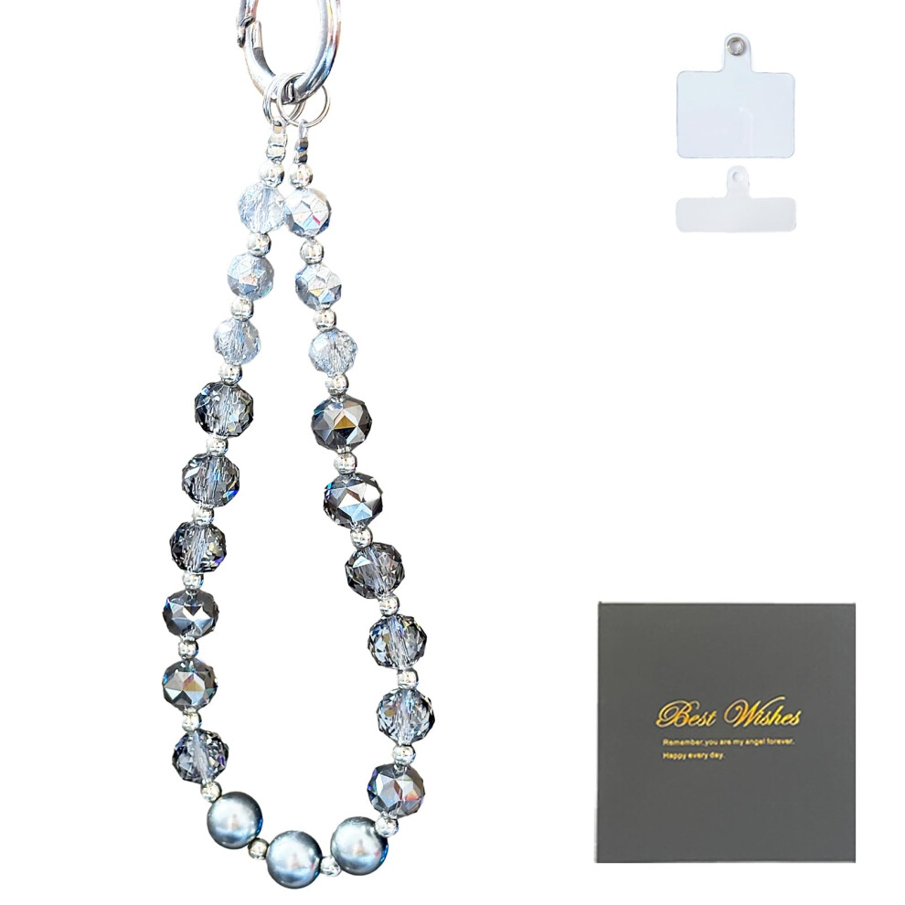 Sparkle Crystal Pearl Phone Wrist Strap For Women, Bling Beaded Lanyard Chain With Secure Alloy Clasp, Gray 9330225315285