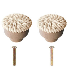 Rattan Drawer Handles 2 Pack White, Handwoven Natural Vintage Style Knobs for Cabinet and Dresser