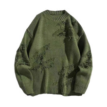 (M, Green) Men Winter Sweater Irregular Ripped Design Round Neck Knitted Loose Long Sleeves Thick Sport Daily