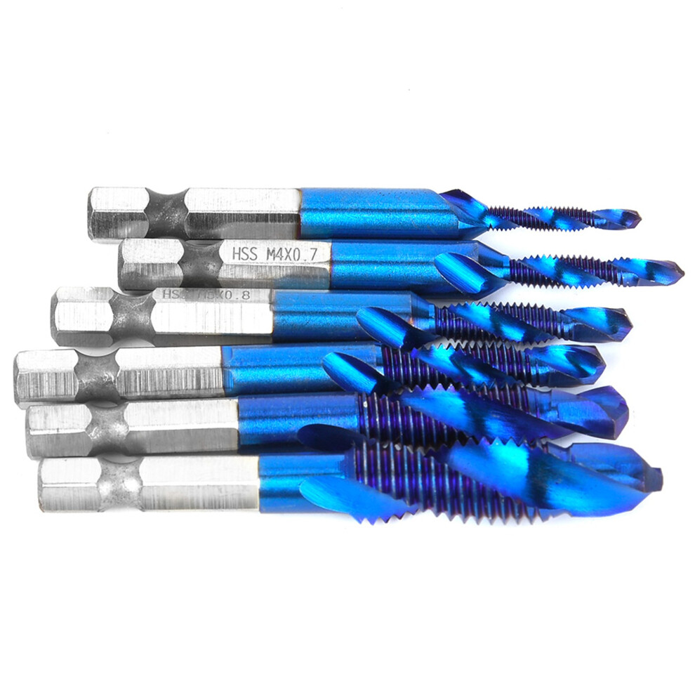 6Pcs Hss Hex Shank Tap Bit 6.35Mm M3-M10 Blue 8491393632237