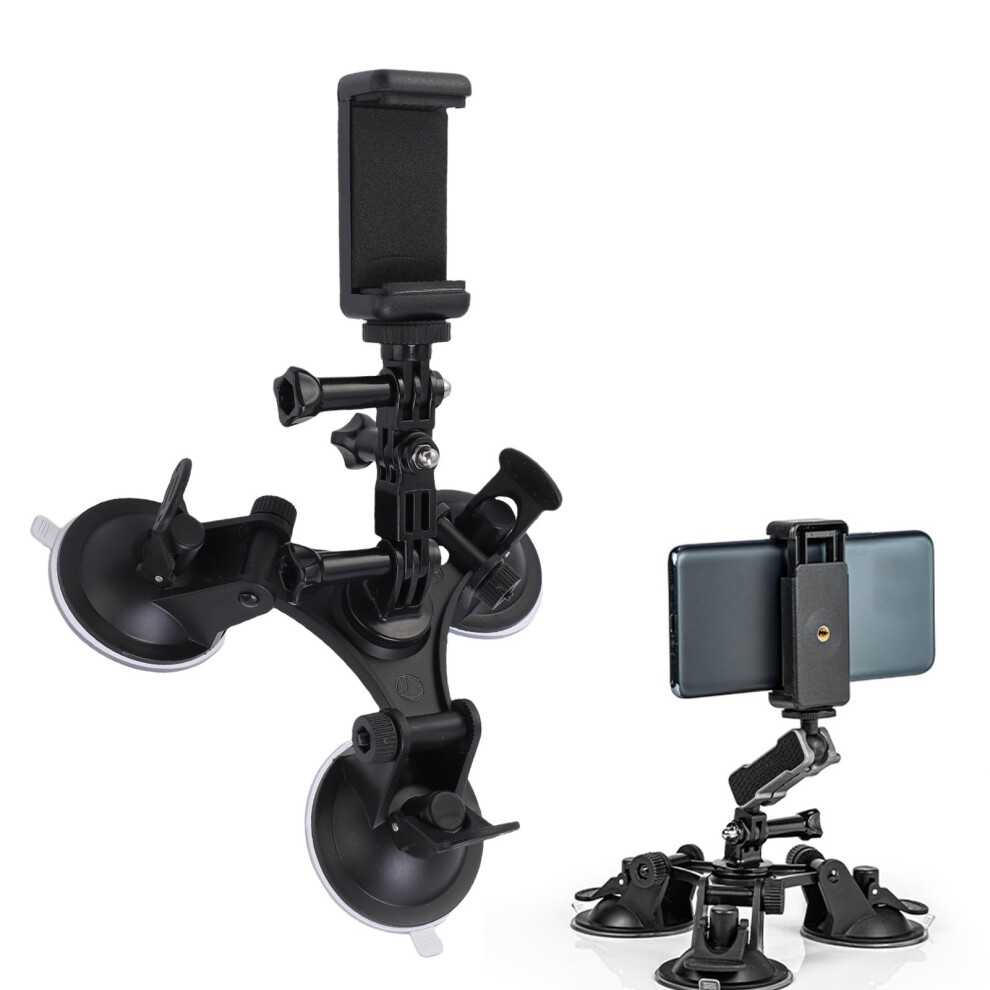 Camera Car Mount Triple Suction Cup For Dslr And Smartphone, Adjustable Bracket With Nonmarking Secure Grip 9330225315575