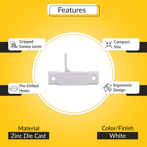 White Window Sash Lock 21/4 Inch Hole Spacing, Durable Low Profile Replacement Sweep Lock 2