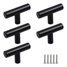 Matte Black Cabinet Handle Set, 304 Stainless Steel T‑Shaped Drawer Pulls, Rust‑Resistant Two‑Hole Design, 5 Pack