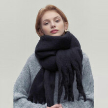 (Grey) Women Scarf Solid Color Thickened Knitting Scarf with Tassel Decoration Versatile Design Warm Winter Scarf
