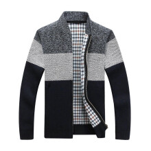 (XL, Dark Gray) Men Sweater Coat Thick Plush Colorblock Zipper Closure Stand Collar Knitted Loose Keep Warm Jacket