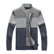 (2XL, Grey) Men Sweater Coat Thick Plush Colorblock Zipper Closure Stand Collar Knitted Loose Keep Warm Jacket