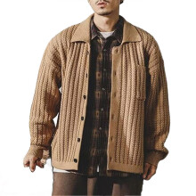 (2XL, Khaki) Fall Winter Men Sweater Turn-down Collar Single-breasted Thick Knitwear with Breast Pocket Long