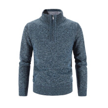 (XXL, Blue) Men Sweater Coat Half Zipper Knit Elastic Long Sleeves Stand Collar Outerwear Pure Color English