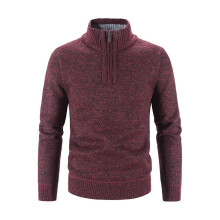 (L, Red) Men Sweater Coat Half Zipper Knit Elastic Long Sleeves Stand Collar Outerwear Pure Color English