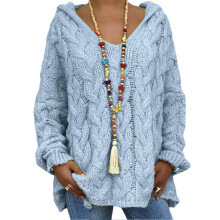 (S, Sky Blue) Women Sweater Hooded Long Sleeve Twist Texture Oversized Sweater Solid Color Loose Fit Ribbed Cuffs