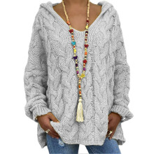 (S, Light Grey) Women Sweater Hooded Long Sleeve Twist Texture Oversized Sweater Solid Color Loose Fit Ribbed Cuffs