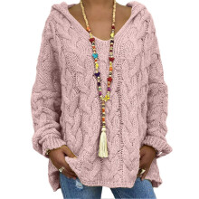(XL, Light Pink) Women Sweater Hooded Long Sleeve Twist Texture Oversized Sweater Solid Color Loose Fit Ribbed Cuffs