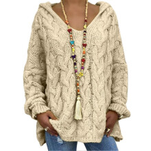 (S, Apricot) Women Sweater Hooded Long Sleeve Twist Texture Oversized Sweater Solid Color Loose Fit Ribbed Cuffs