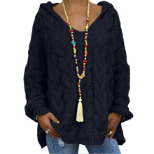 (M, Black) Women Sweater Hooded Long Sleeve Twist Texture Oversized Sweater Solid Color Loose Fit Ribbed Cuffs