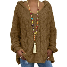 (XL, Coffee) Women Sweater Hooded Long Sleeve Twist Texture Oversized Sweater Solid Color Loose Fit Ribbed Cuffs