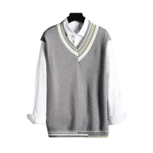 (XL, Grey) Men Vest Sweater V Neck Sleeveless Loose Colorblock Knitted Pullover Mid Length Thickened Preppy And