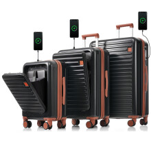 3 Piece ABS Luggage Set with Spinner Wheels, Front Opening Carry On, USB Port, Cup Holder, Black and Brown