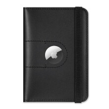 Leather Passport Holder with Slot for AirTag, RFID Travel Wallet for Men and Women, Elastic Strap, Black