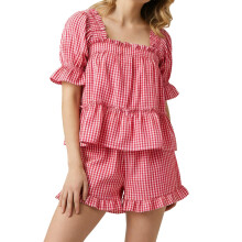 (L, Pink) Women's 2-Piece Plaid Lounge Set Short Sleeve Square Neck Tops and Shorts Soft Pajama Sleepwear
