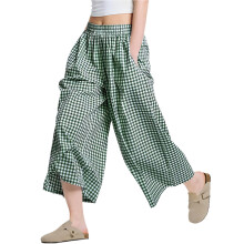 Modern Plaids Print Wide Leg Capris Pants Loose Swing-Green M