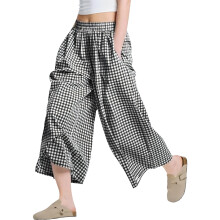 Gingham Plaids Wide Leg Capris Pants For Women Loose-Black S