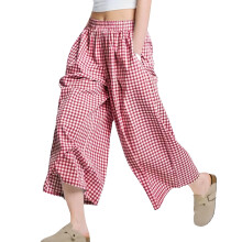 Women Loose Fit Checkered Wide Leg Capris Pants Culottes-Red L