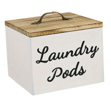 White Wooden Laundry Pod Storage Container with Dustproof Lid, Compact Bathroom and Counter Organizer