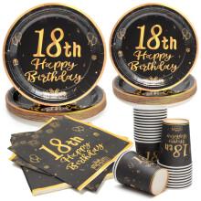 18th Birthday Party Supplies Black and Gold Tableware Set for 24 Guests Plates Cups Napkins Bundle