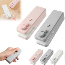 2-in-1 Mini Bag Sealer, Vacuum Sealer for Snacks, Mini Refillable Pouch Sealer, Seals and Cuts to Keep Food Fresh (Pink+Grey)