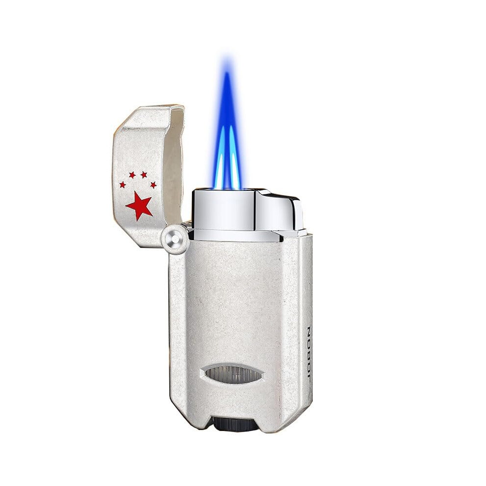 Blue Windproof Jet Lighter Dual Flame Butane Torch With Adjustable Flame And Visible Fuel Window For Cigars