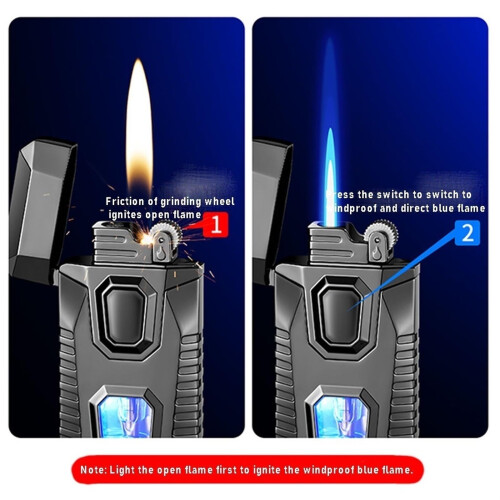 Windproof Butane Lighter Dual Flame Torch with Adjustable Blue Flame and Visible Fuel Window 2
