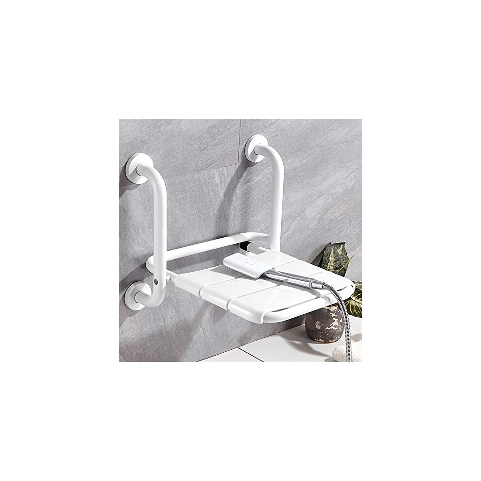 White Wall Mounted Foldable Shower Seat For Elderly And Disabled, Space Saving Bench With Nonslip Surface
