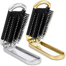Travel Hair Brush, 2 Pcs Folding Hair Brush with Mini Mirror, Compact Hair Brushes Hair Styling Tools for Gym, Trip, Purse, Swimming, Silver & Gold