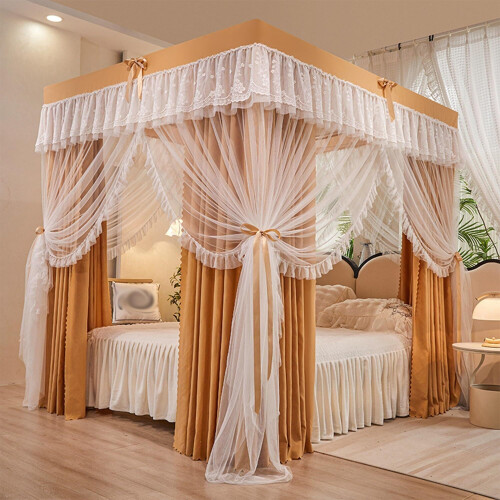 Princess Bed Canopy with DoubleLayer Lightproof Lace, Four Corner Post Luxury Drapes for Full Size Walnut Bed