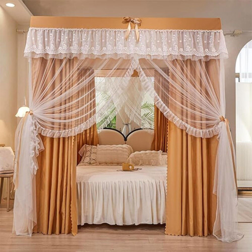 Princess Bed Canopy with DoubleLayer Lightproof Lace, Four Corner Post Luxury Drapes for Full Size Walnut Bed 1