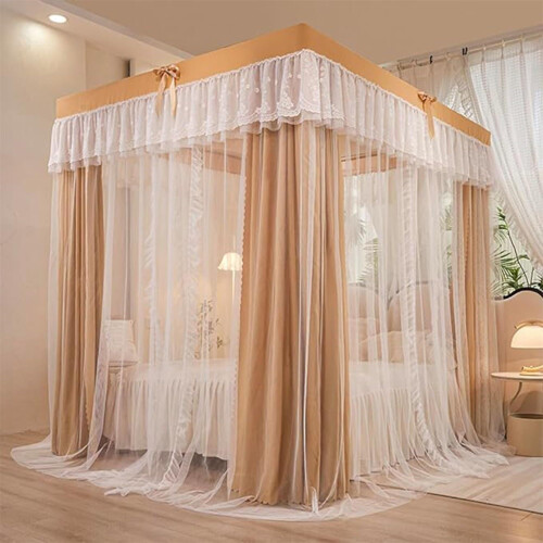 Princess Bed Canopy with DoubleLayer Lightproof Lace, Four Corner Post Luxury Drapes for Full Size Walnut Bed 2