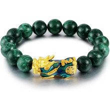 Feng Shui Bracelet, Green Jade Stone Beads Bracelet Unisex Feng Shui Pi Xiu Wristband Gold Wealth Pixiu Women Men Bracelets-Black Green