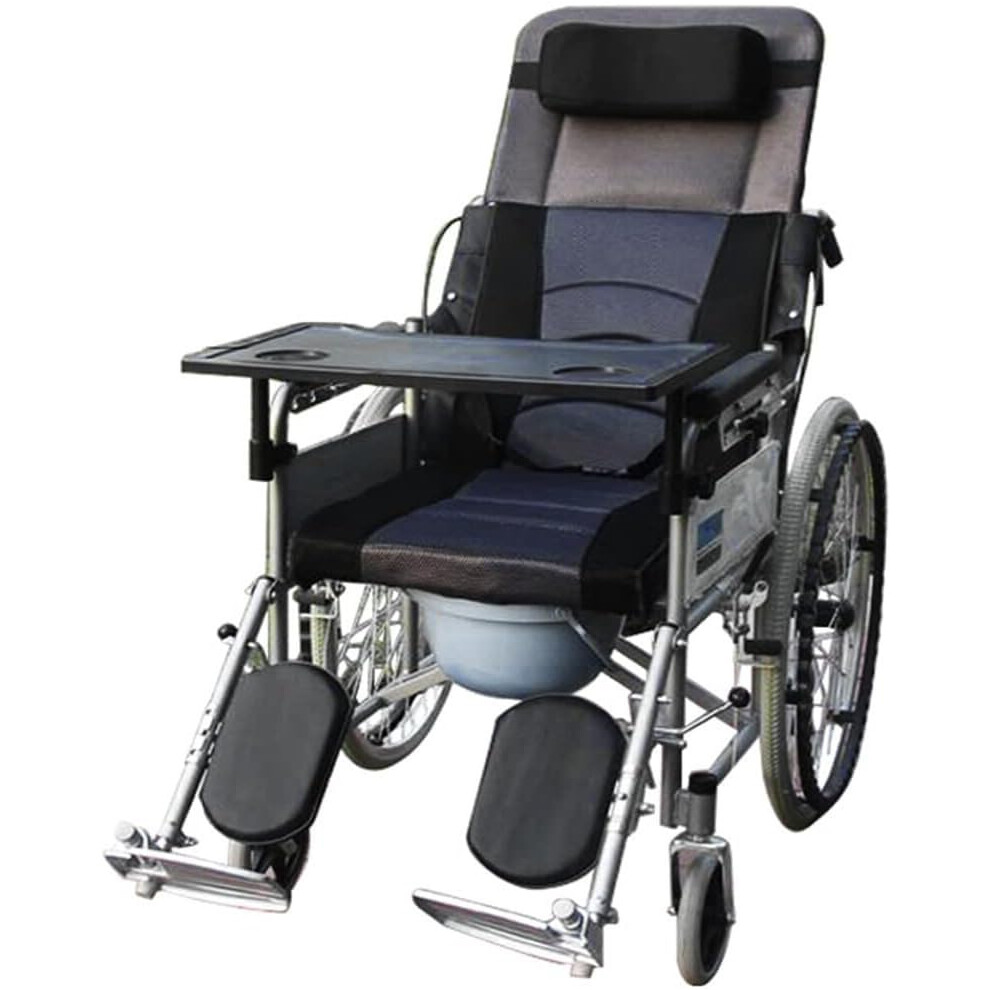 Black Reclining Commode Wheelchair 180 Backrest Foldable Heavy Duty 300Kg Steel Frame For Elderly