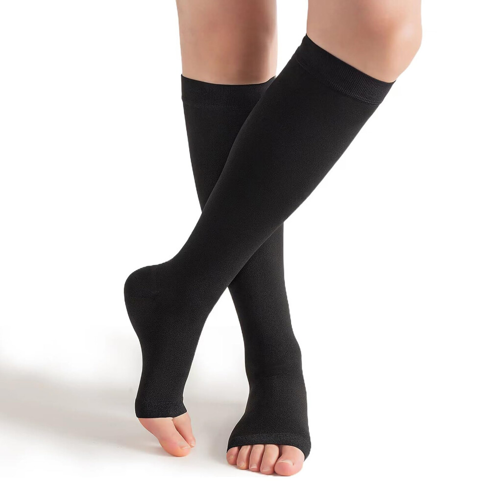 Black Compression Socks 2030Mmhg Knee Open Toe Medical Grade Stockings For Varicose Veins Relief L