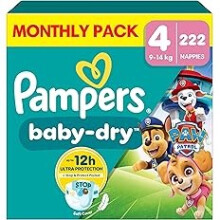 Pampers Baby-Dry Paw Patrol Edition Size 4, 222 Nappies, 9kg-14kg, Monthly Pack, Up to a 100% Leak-Free & Comfortable Night