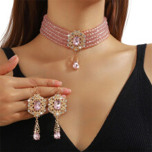 Mehrschichtiges Halsband-Halskettenpaar mit Strasssteinen-Rosa
