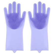 Silicone Dishwashing Gloves with Sponge Scrubber for Kitchen Cleaning, Waterproof and Reusable (Purple)