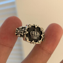 (silver and black) Thai Silver Crown Hip Hop Heavy Dark Ring for Women, Fashion Cross Open Adjustable Finger Ring, Gothic Style Statement Ring