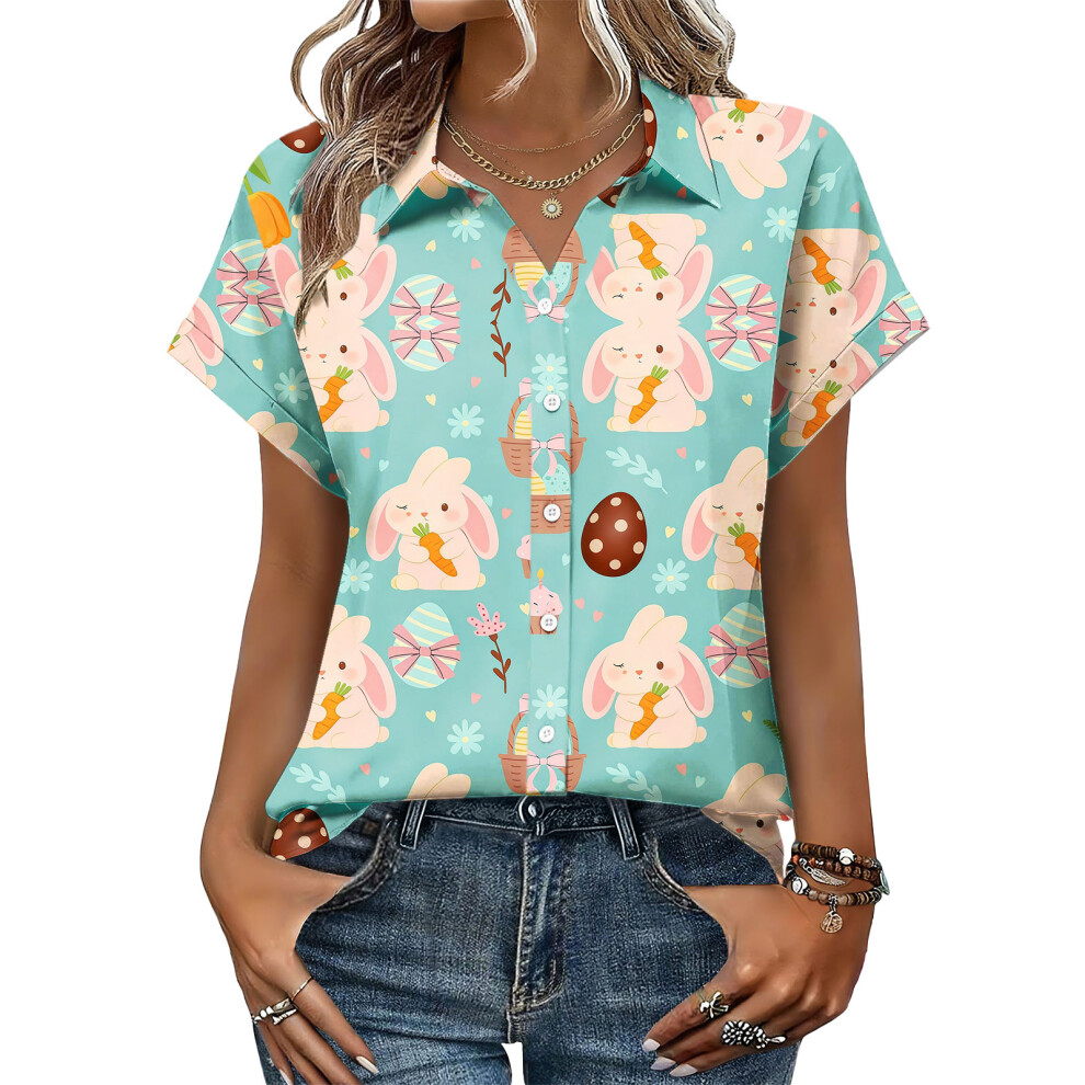Blue Women's Button-Down Shirts, Short Sleeve, V-Neck,- L