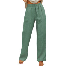 Women's Cotton Linen Wide Leg Pants High Elastic Waist-Green XL