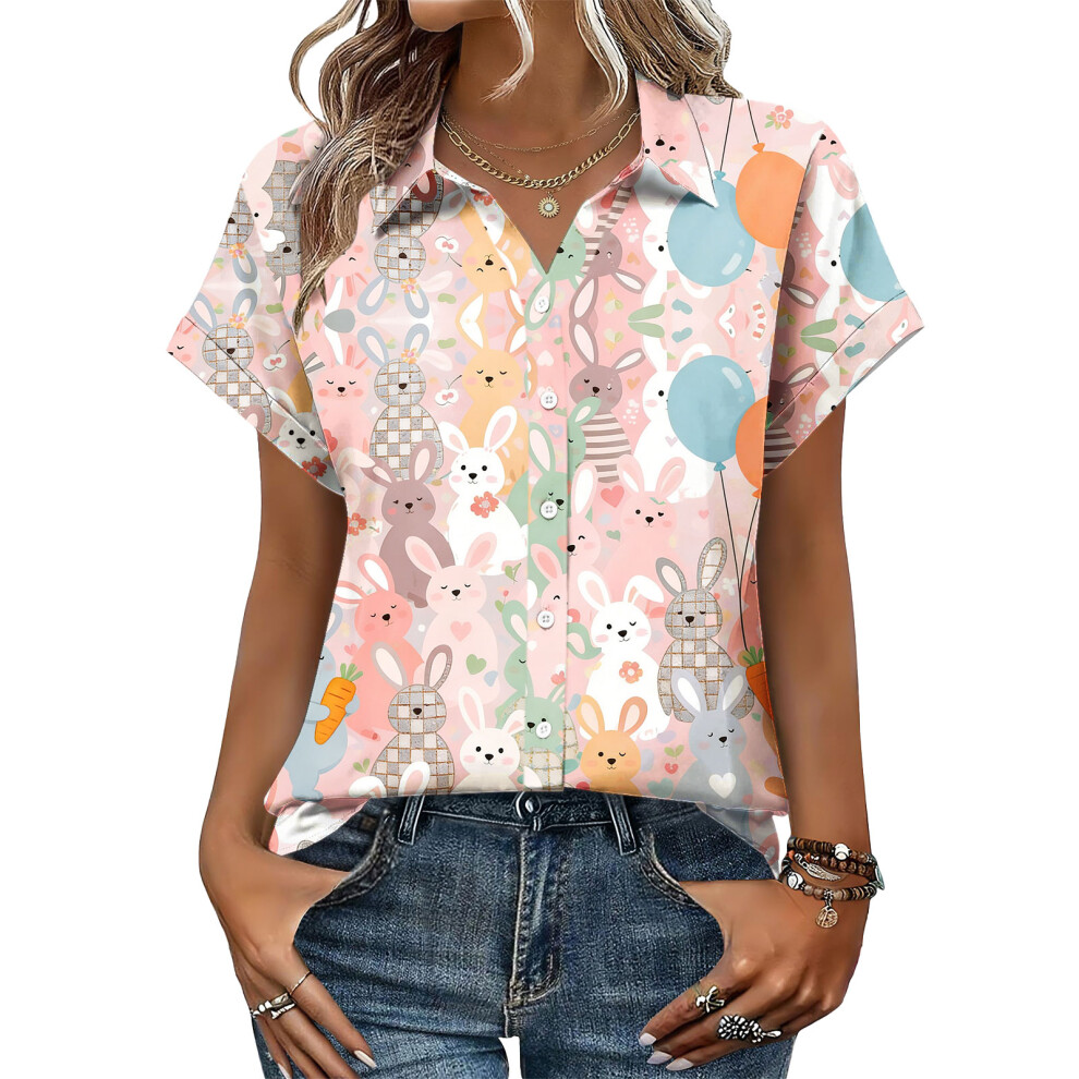 Pink Women's Button-Down Shirts, Short Sleeve, V-Neck,- Xxl