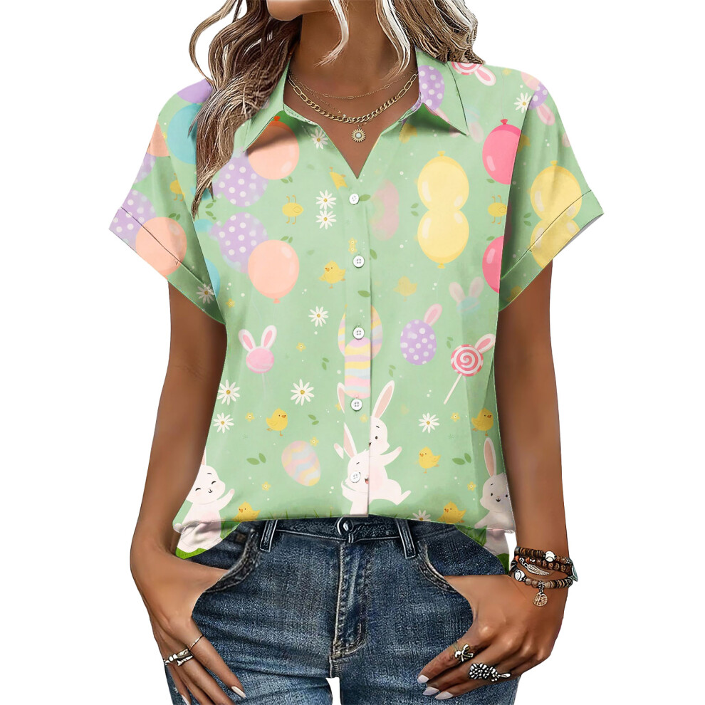 Green Women's Button-Down Shirts, Short Sleeve, V-Neck,- M