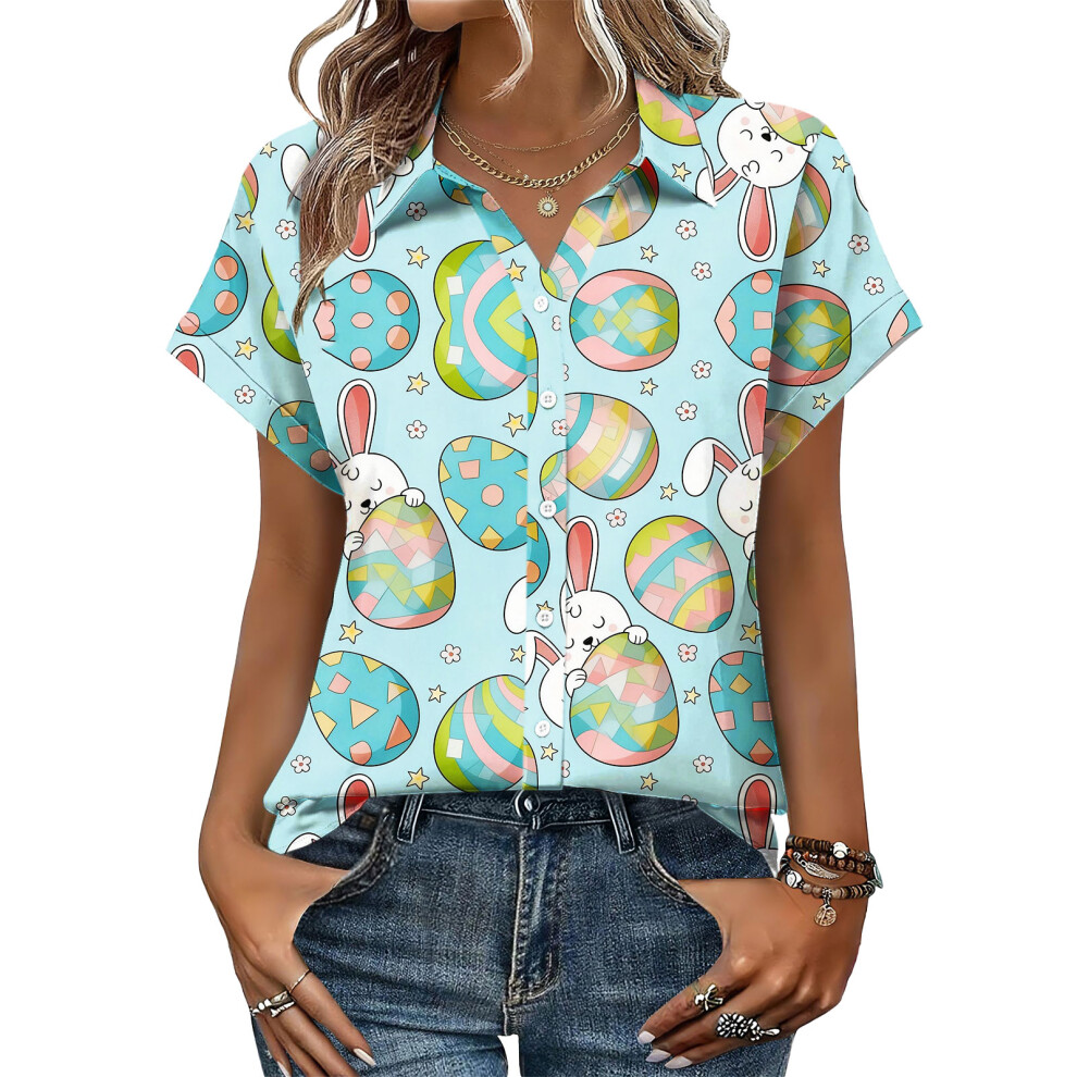 Women's Button-Down Shirts, Short Sleeve, V-Neck,-Mint XL