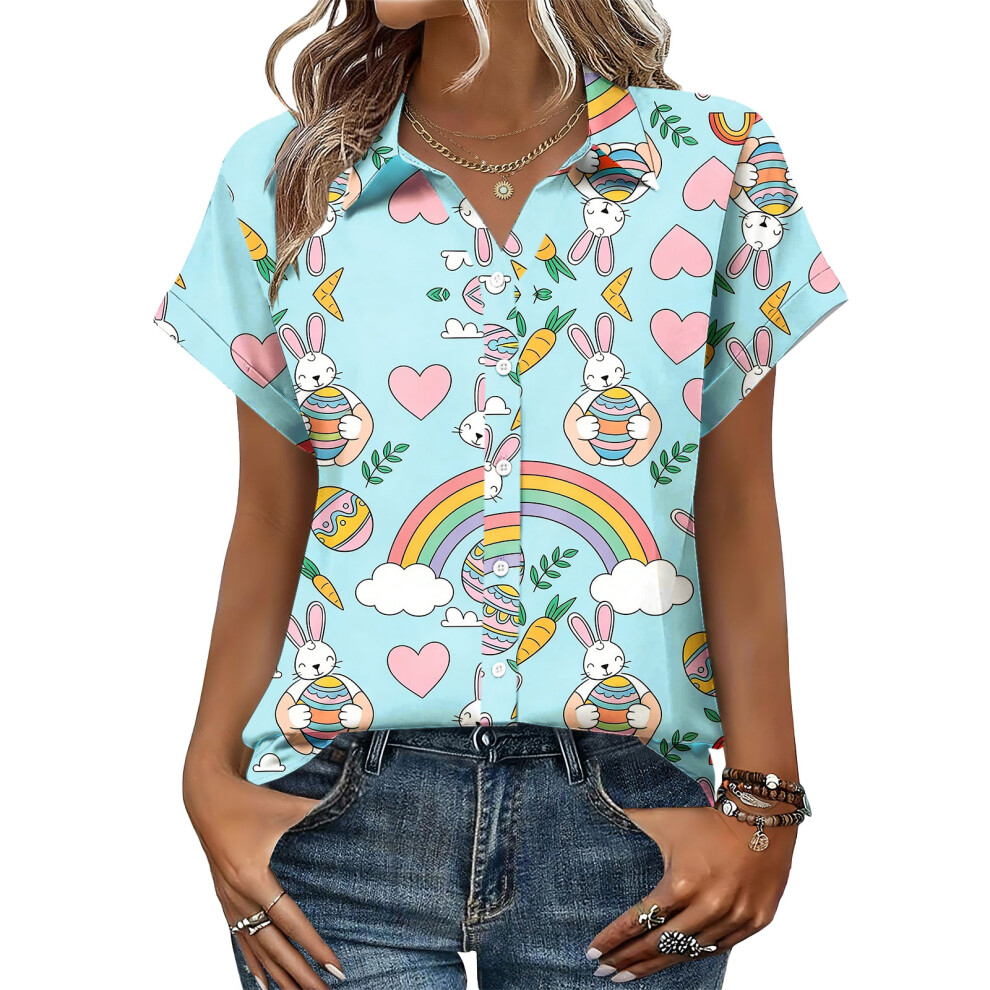 Women's Button-Down Shirts, Short Sleeve, V-Neck,-Sky Blue XXL